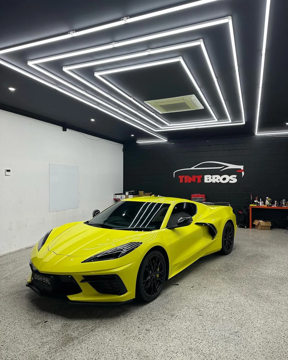 A Chevrolet Corvette C8 with ceramic window tint