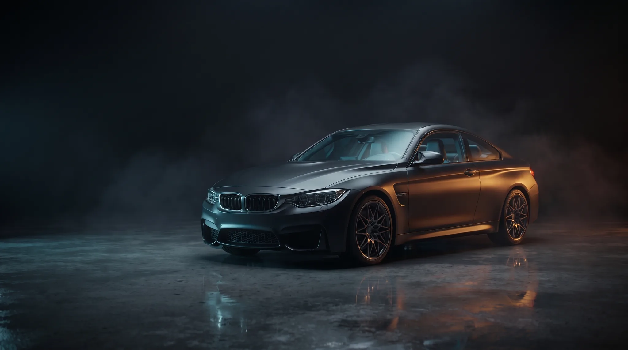 A matte coupe in the dimly lit Tint Bros detailing studio