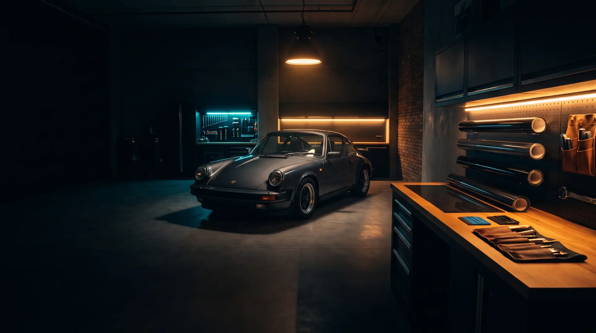 The Tint Bros detailing studio with a car under focused light
