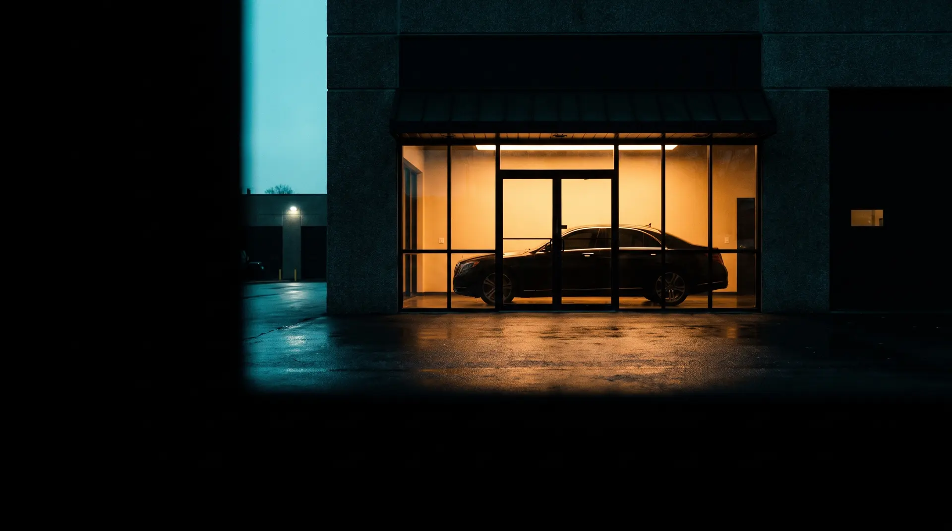 The Tint Bros studio glowing at dusk with a car inside