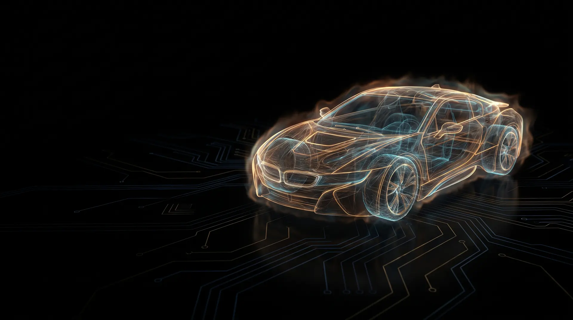 A glowing thermal wireframe of a car over circuit traces
