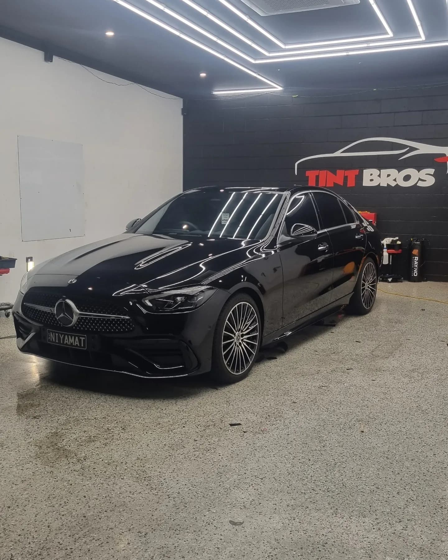 Gloss black Mercedes C200 finished with a ceramic coating at Tint Bros Adelaide
