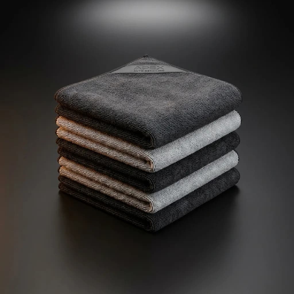 Stack of six folded Tint Bros premium microfibre detailing towels in charcoal and grey