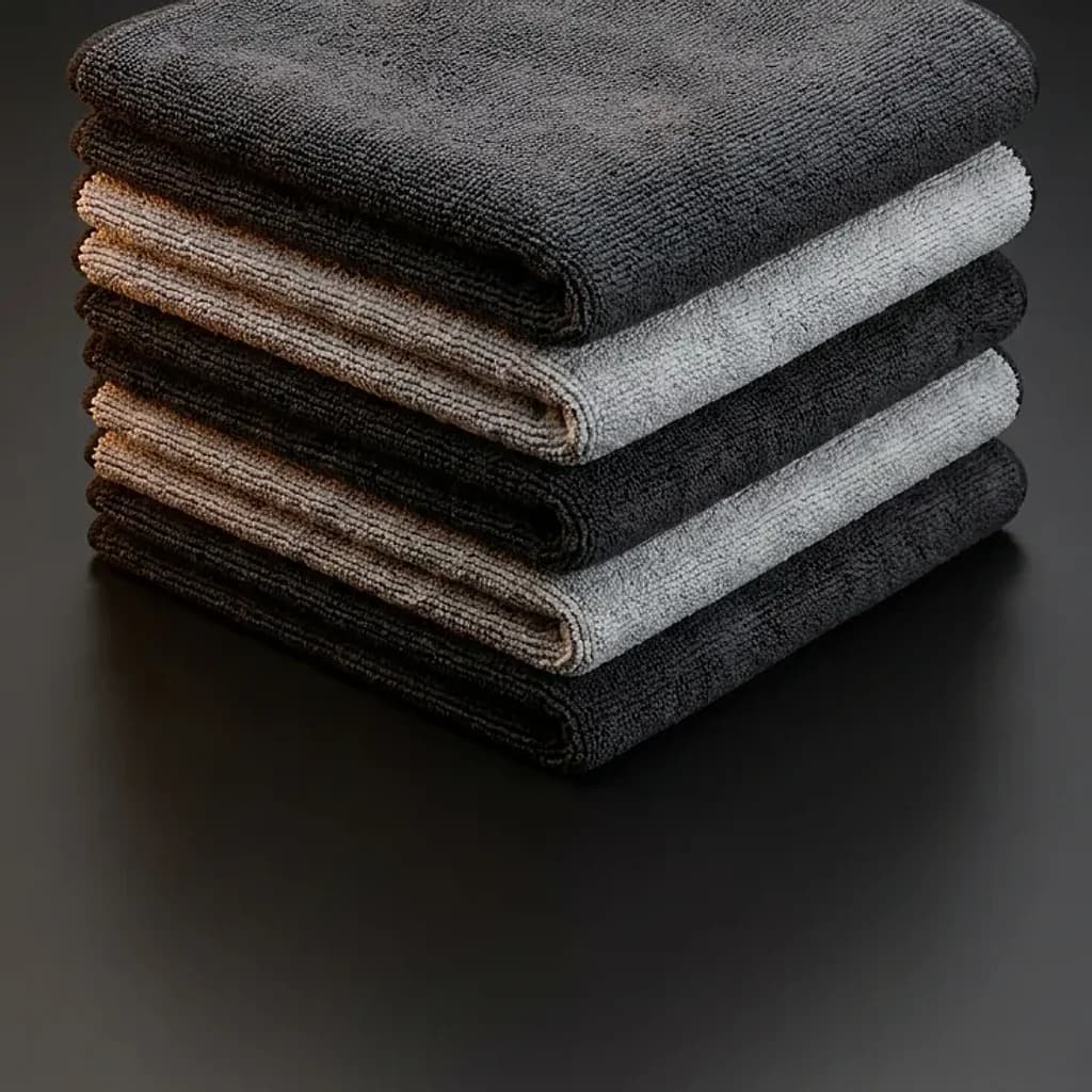 Stack of six folded Tint Bros premium microfibre detailing towels in charcoal and grey