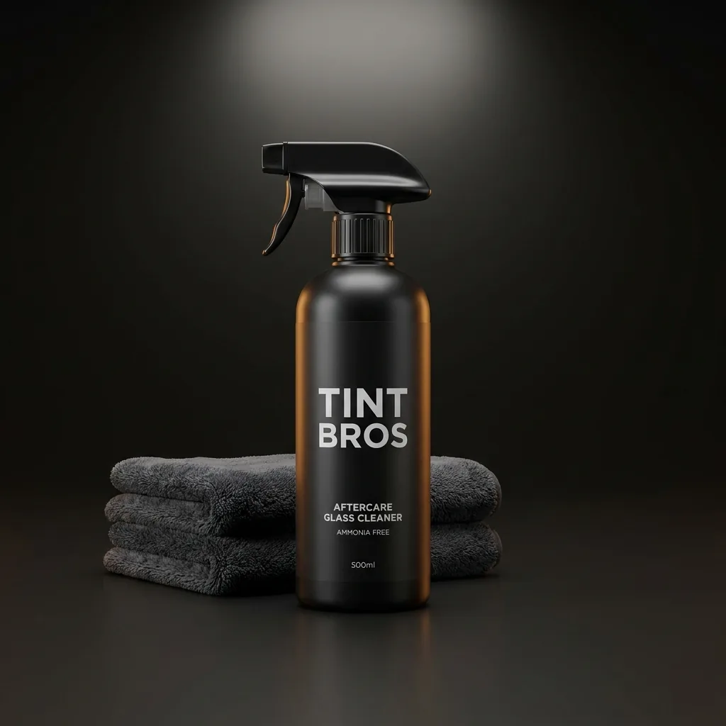Tint Bros aftercare kit: ammonia-free glass cleaner bottle with two folded microfibre cloths