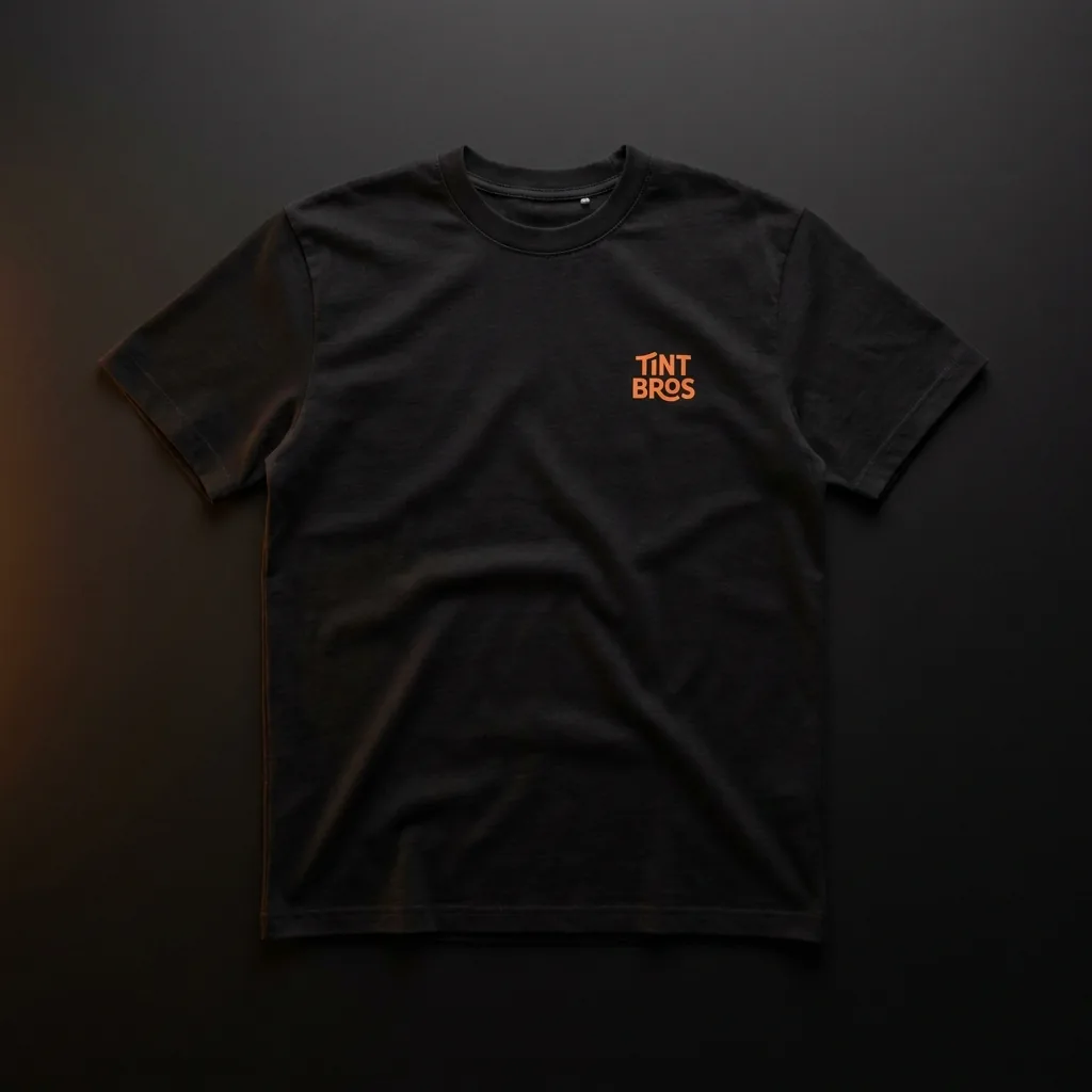 Black heavyweight Tint Bros crew t-shirt with small ember orange chest logo